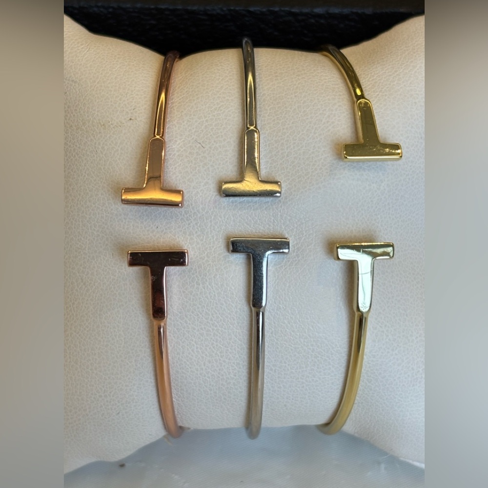 14k yellow gold, white Gold, Rose Gold plated double T Bracelets wire bangle